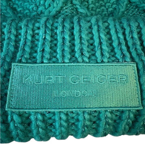 Kurt Geiger London metallic cable knit beanie in teal with a logo patch - Picture 5 of 5